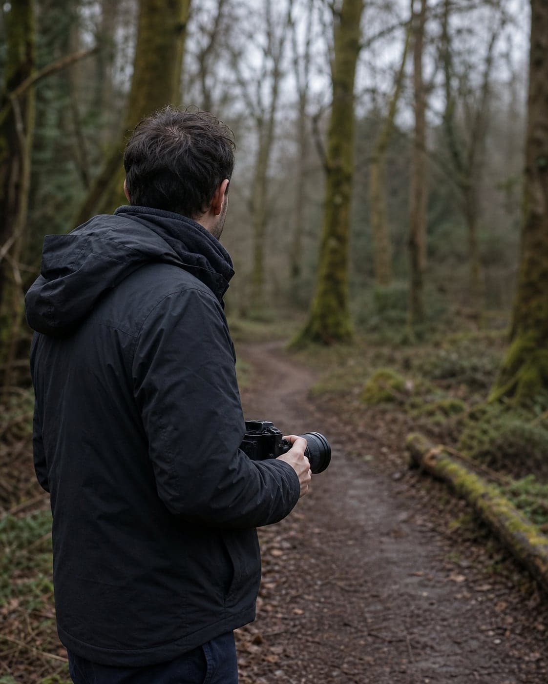Photographer with a camera on a woodland path